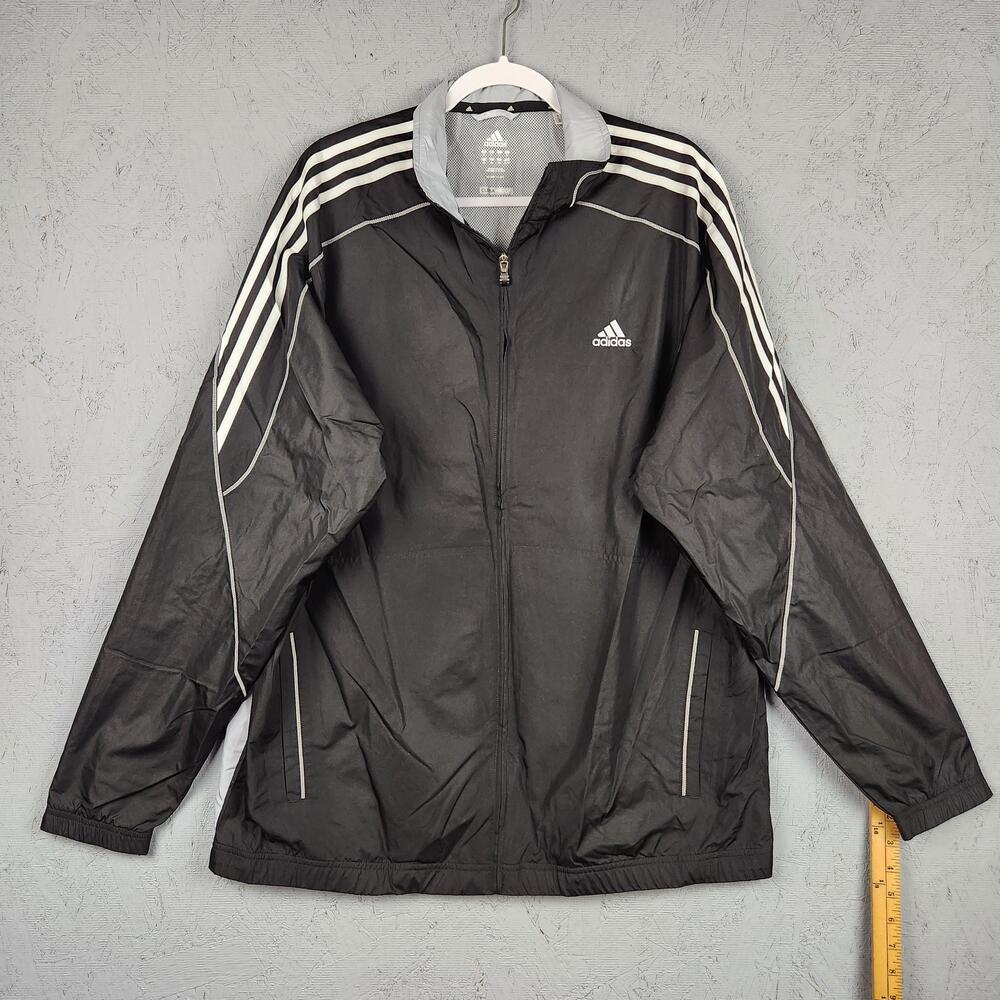 Adidas Jacket Mens XL Black ClimaProof Windbreaker Athletic Full Zip 3 Stripe